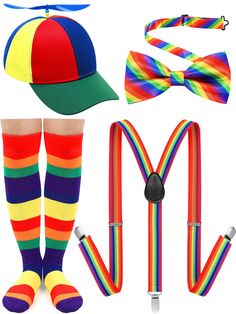 PRICES MAY VARY. Package Includes: you will receive 1 rainbow baseball cap with propeller and green brim, 1 adjustable elastic Y style suspender, 1 rainbow adult bow tie, and 1 pair of rainbow striped socks, enough to meet your daily wear need Quality Material: the hat with propeller is made of quality plastic and polyester, with bright colors and interesting design, the bow tie is made of quality rayon, soft and smooth to touch, the adjustable elastic suspender is convenient and comfortable to Propeller Hat, Rainbow Clown, Clown Hat, Rainbow Bow, Interesting Design, Acrylic Fiber, Green Hats, Striped Socks, Blue Hat