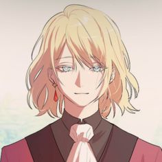 an anime character with blonde hair and blue eyes wearing a red shirt, black vest and white tie