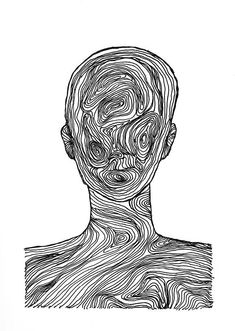 a black and white drawing of a man's face with wavy lines on it