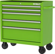 a green tool box with four drawers on it's wheels and the words kobalt written in white