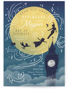 the poster for peter and wendy's neverland mega show is shown in front of a full moon