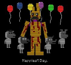 a pixellated image of a rabbit with balloons in the background and text that reads happy easter