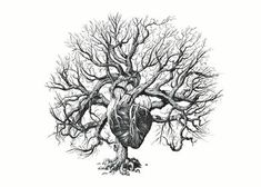 a drawing of a tree with no leaves on it's branches and the heart in its trunk