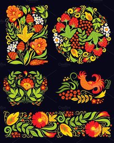 an image of flowers and birds in the style of folk embroiderys on black background