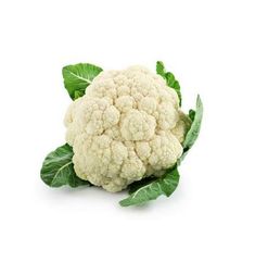 two cauliflower heads with green leaves on a white background and one head still attached to the plant