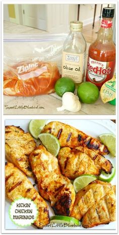 the ingredients to make chicken marinade are shown in three different pictures, including limes and