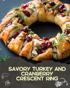 a cranberry and crescent ring is shown with the title savory turkey and cranberry crescent ring