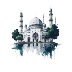 a watercolor painting of a white mosque