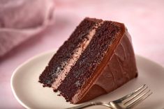 a piece of chocolate cake on a plate with a fork