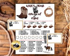 a cowboy themed baby shower game is displayed on a wooden table with rope and cowgirl boots