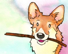 a drawing of a dog holding a stick in its mouth