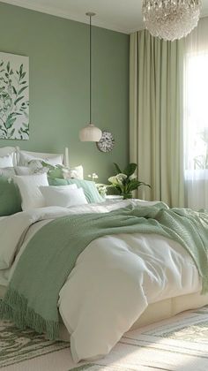 a bedroom with green walls, white bedding and a chandelier hanging from the ceiling