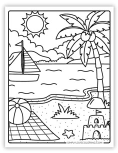 a black and white beach scene with a boat on the water, palm trees and sandcastles