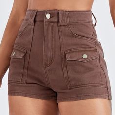 Brand New Never Tried On! Brown Denim Shorts With Flap Pockets Waist Size Is About 27.5 Inches Length Is About 13inches Hip Size Is About 38.5inches Brown Shorts, Swaggy Outfits, Mode Inspo, Really Cute Outfits, Denim Shorts Women, Cute Shorts, Short En Jean, Dream Clothes, Cute Casual Outfits