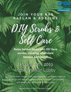 the flyer for my scrubs and self care, featuring green leaves in front of it