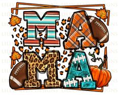 the letter m is decorated with footballs, pumpkins and leaves