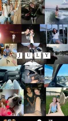 a collage of photos with the words july in white letters and pictures of people