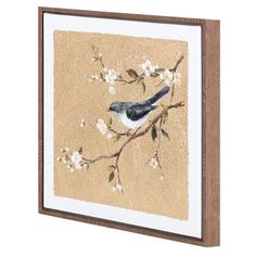 a painting of a bird on a branch with white flowers in the foreground and brown background