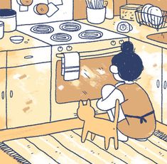 a child is cooking in the kitchen with her dog