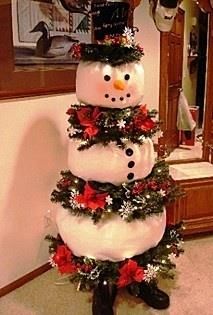 a snowman made out of fake christmas trees