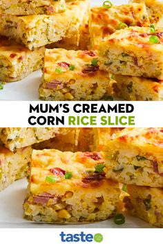 there are many different types of food on the plate with text overlay that reads, mum's creamed corn rice slice