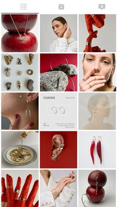 a collage of photos with different types of jewelry on them, including red apples and oranges