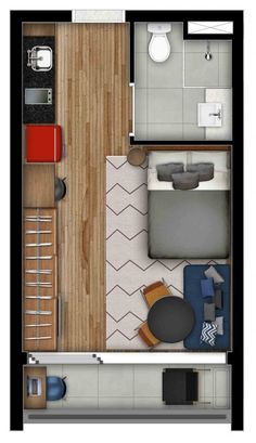 an overhead view of a bedroom and living room in a small apartment with wood flooring