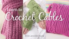 two knitted pillows, one in pink and the other in green with text that reads learn to crochet cables