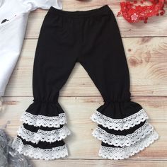 Black Pants With Triple Ruffles And Lace Trim Bell Pants, Boutique Baby, Baby Boutique, Pants Color, Matching Sets, Black Pants, Lace Trim, Ruffles, Trim