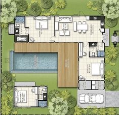 an aerial view of a house with pool and living room in the middle of it