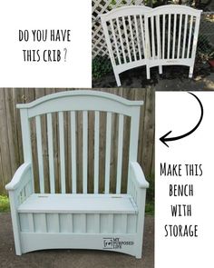 the bench is painted white and has an arrow pointing to it that says do you have this crib? make this bench with storage