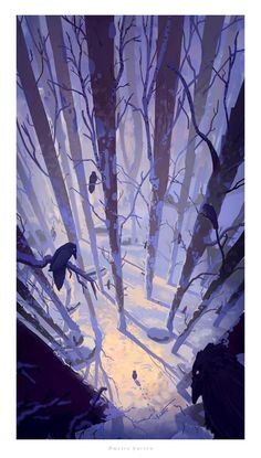 an illustration of two people walking through a snowy forest at night with the sun shining on them