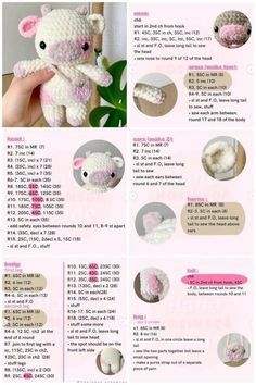 instructions to crochet a small stuffed animal with pink and white yarn on it