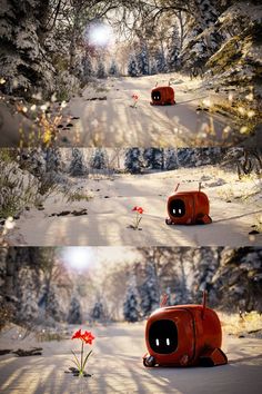 two images of an orange car in the snow with trees and flowers behind it, one has its eyes open while the other is closed