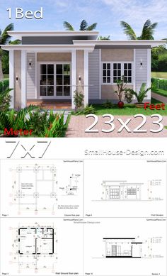 Small House Plan 7x7 with 1 Bedrooms Flat Roof 23x23 Feet, Full Plan. PDF floor plans. 2 Bedroom House Design, Bedroom Layout Design, Unique House Plans, One Bedroom Flat