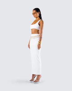 The beach is calling ☀️ Pairing a white jersey bra top with a white maxi skirt and a gold chain belt - this three-piece set is the perfect summertime look for on and off the sand 🤍 The Beach Is Calling, Beach Is Calling, Gold Chain Belt, White Maxi Skirt, White Maxi Skirts, Black Off Shoulder, Graphic Top, White Maxi, White Jersey