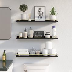 bathroom shelves with various items on them