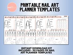 "WHAT: Instant Download of  Nail Art Planner templates including 5 shapes (Stiletto, Almond, Coffin, Round, & Square)  nails: WHO: Professional nail techs, nail enthusiasts, cosmetologists & independent nail designers WHY: You can't be top-notch without practice or organization so these templates will assist in planning and practicing nail art designs.  NOTE: This is an instant digital download listing, no physical printouts will be sent out. Templates are NOT for waterslide nail decals.  Includes: 1.) 25 pages of design templates with notes and color/material swatches(5 pages of each shape-length). 2.) 25 pages of practice templates (5 pages of each shape-length). Format: PDF(2 files of 33 pages. 10 practice templates for each nail shape)  Size: 8.5\" X 11\"(Letter), best on plain white p Printable Nail Art, Art Planner, Square Nail Designs, Planner Templates, Planner Kit, Toe Nail Art, Stick On Nails, Printed Pages, Nail Sizes