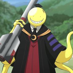 a cartoon character holding a large metal object in his hand and smiling at the camera