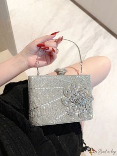 BirdinBag - Party-ready Rhinestone Mini Box Bag with Top Handle Silver Handheld Box Bag For Party, Handheld Silver Box Bag For Party, Silver Clutch Box Bag For Party, Chic Silver Box Bag For Party, Square Evening Bag With Rhinestones For Party, Square Rhinestone Evening Bag For Party, Silver Rectangular Box Bag For Party, Glamorous Rectangular Box Bag For Party, Rectangular Silver Box Bag For Parties