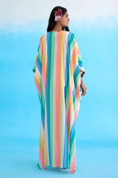 Multi colored rainbow striped kaftan dress with handmade flower tassels. - Aza Fashions Flower Tassels, Handmade Flower, Kaftan Dress, Rainbow Stripes, Bat Wings, Dress For Women, Handmade Flowers, Aza Fashion, Multi Colored