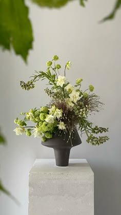 a black vase with white and green flowers in it on a pedestal next to some leaves