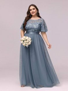 Plus Size Women's Embroidery Evening Dresses with Short Sleeve #color_Dusty Navy Plus Formal Dresses, Stunning Bridesmaid Dresses, Wedding Dress Sequin, Tulle Bridesmaid Dress, Sequin Wedding, Plus Size Formal, Evening Dress Floor Length, Vestido Plus Size, Ever Pretty