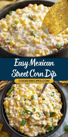 mexican street corn dip in a skillet with tortilla chips