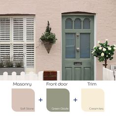 an exterior color scheme for a house with white shutters, green door and pink stucco