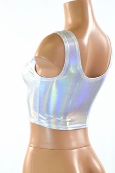 "This item is made to order, please read all the way through the listing before purchasing! This shiny, liquidy holographic top has a smooth reflective finish that bends the light in beautiful shifting rainbows. It features a scoop neckline in front and in back. Four way stretch spandex for a great fit! TOP LENGTH: Underarm to hemline measures 8\" Womens Sizing (See below for instructions on where measurements should be taken) XXS: Bust 29\"-30\" / Waist 22\"-23\" / Hips 30\"-32\" Extra Small: B Trendy Fitted Shiny Tops, Fitted White Rave Tops, Fitted Metallic Shiny Tops, Metallic Shiny Fitted Tops, Fitted Iridescent Tops, Holographic Top, Crop Top Sleeveless, Style Crop Top, Small B