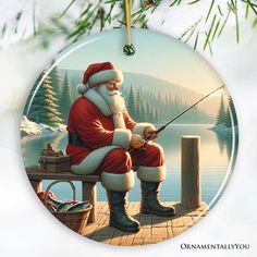 a christmas ornament with a santa fishing