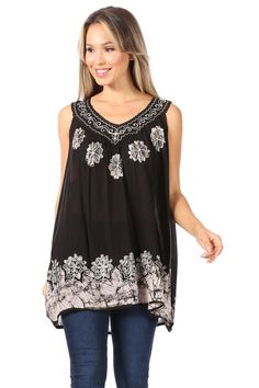 Gauzy Rayon blouse features delicate embroidery, batik hem, relaxed fit and beautiful colors. Tunics With Leggings, Rayon Blouse, Fashion Inspiration Design, Comfortable Fashion, Sleeveless Blouse, Black Blouse, Quality Clothing, Batik, Tank Top Fashion