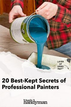 a person pouring blue paint on top of a piece of paper with the words 20 best - kept secrets of professional painters