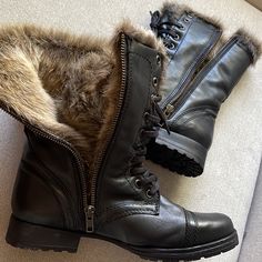 Used Once. Minor Marks On Outside Boot. Looks New! Faux Fur Lined To Keep Feet Warm! In Great Condition! Leather Outside! With Original Box! Combat Boot, Shoes Leather, Moto Boots, Steve Madden Shoes, Leather Shoes, Steve Madden, Combat Boots, Faux Fur, Original Box